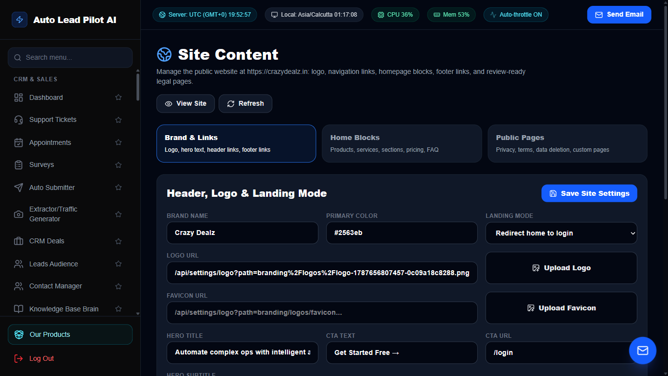 Administrative CMS & Global Site Content Editor Screenshot