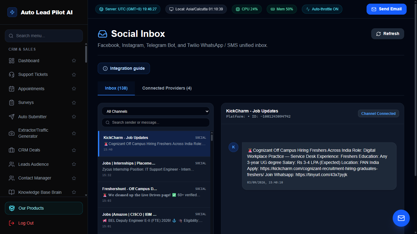 Unified Social Inbox (Facebook, Instagram, Telegram Bot & Twilio WhatsApp/SMS) Screenshot