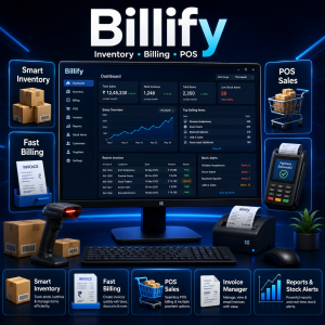 Billify Windows inventory, billing, and POS software dashboard with invoice, stock, barcode, and sales tools