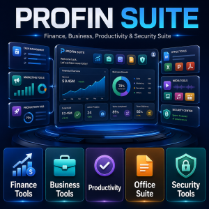 Pro Fin Suite Windows software dashboard with finance, business, productivity, office, and security tools