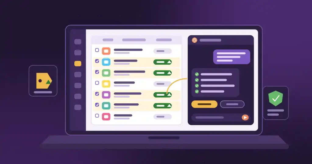 Illustration of a laptop showing a WooCommerce product list with several products selected and their prices raised, next to an AI chat panel confirming the bulk edit, with a security shield and price tag.