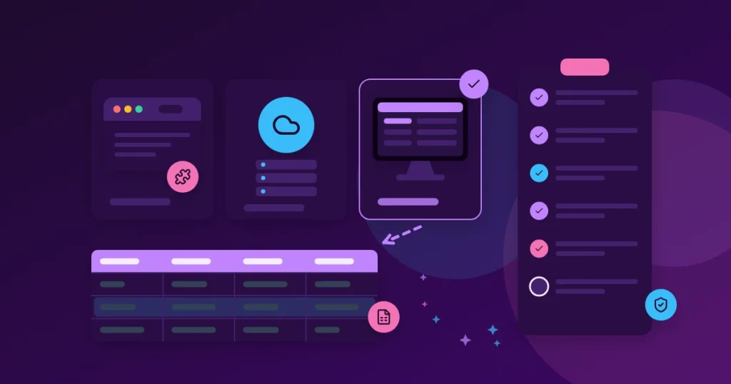Illustration comparing three data extractor tool types - browser extension, cloud service and a Windows desktop app - next to a buyer's checklist and a clean spreadsheet export.