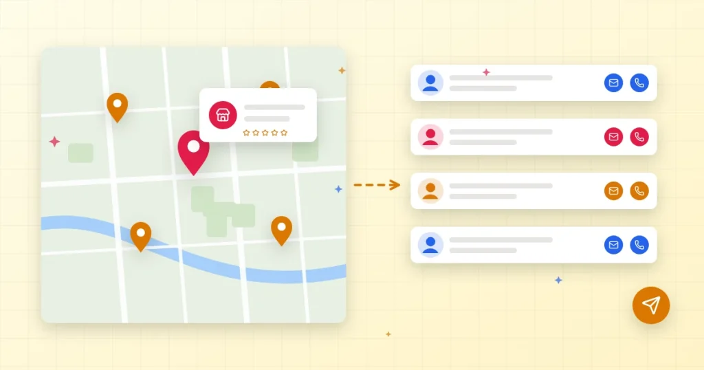 A map with business pins and a store popup turned into a list of business contacts with phone and email