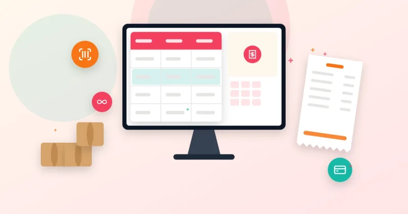 A shop billing and POS screen with an invoice, a printed receipt, barcode scanner, stock boxes and card payment