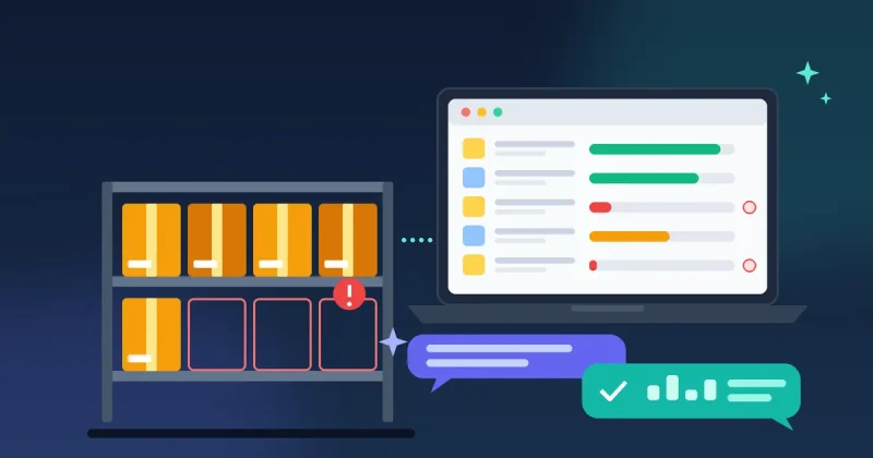 Illustration of a stock shelf with empty low-stock slots next to a laptop showing WooCommerce stock level bars and AI chat bubbles, for a guide to WooCommerce inventory management.