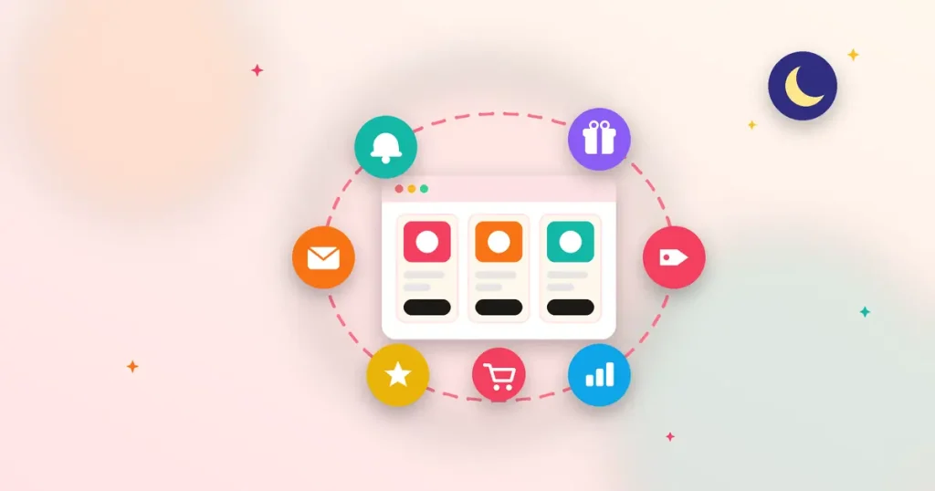 Illustration of an online store window surrounded by a loop of automated marketing workflows: cart email, back-in-stock bell, loyalty gift, sale tag, reports and a night moon.