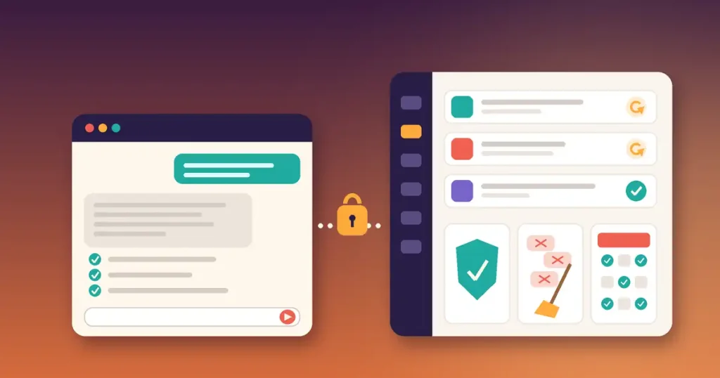 Illustration of an AI chat window connected by a secure lock to a WordPress dashboard showing plugin updates, a security shield, spam clean-up and a weekly maintenance calendar.