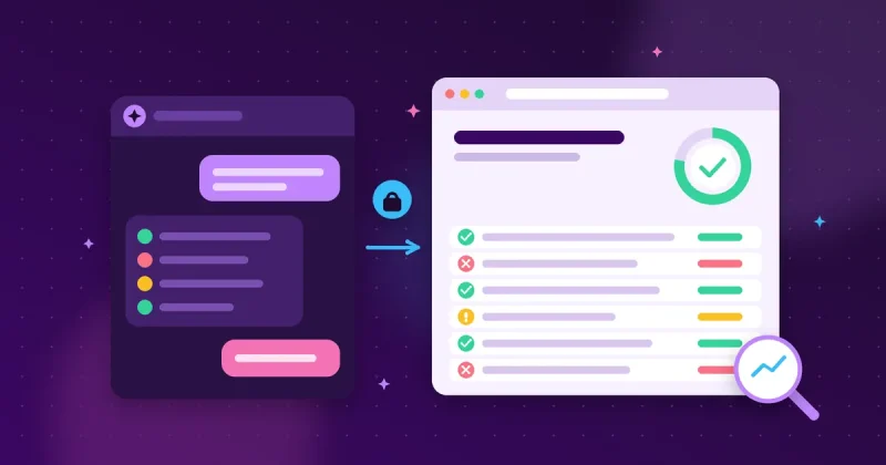 Illustration of an AI chat window connected securely to a WordPress page SEO audit report with pass and fail checks, a score ring and a magnifying glass.